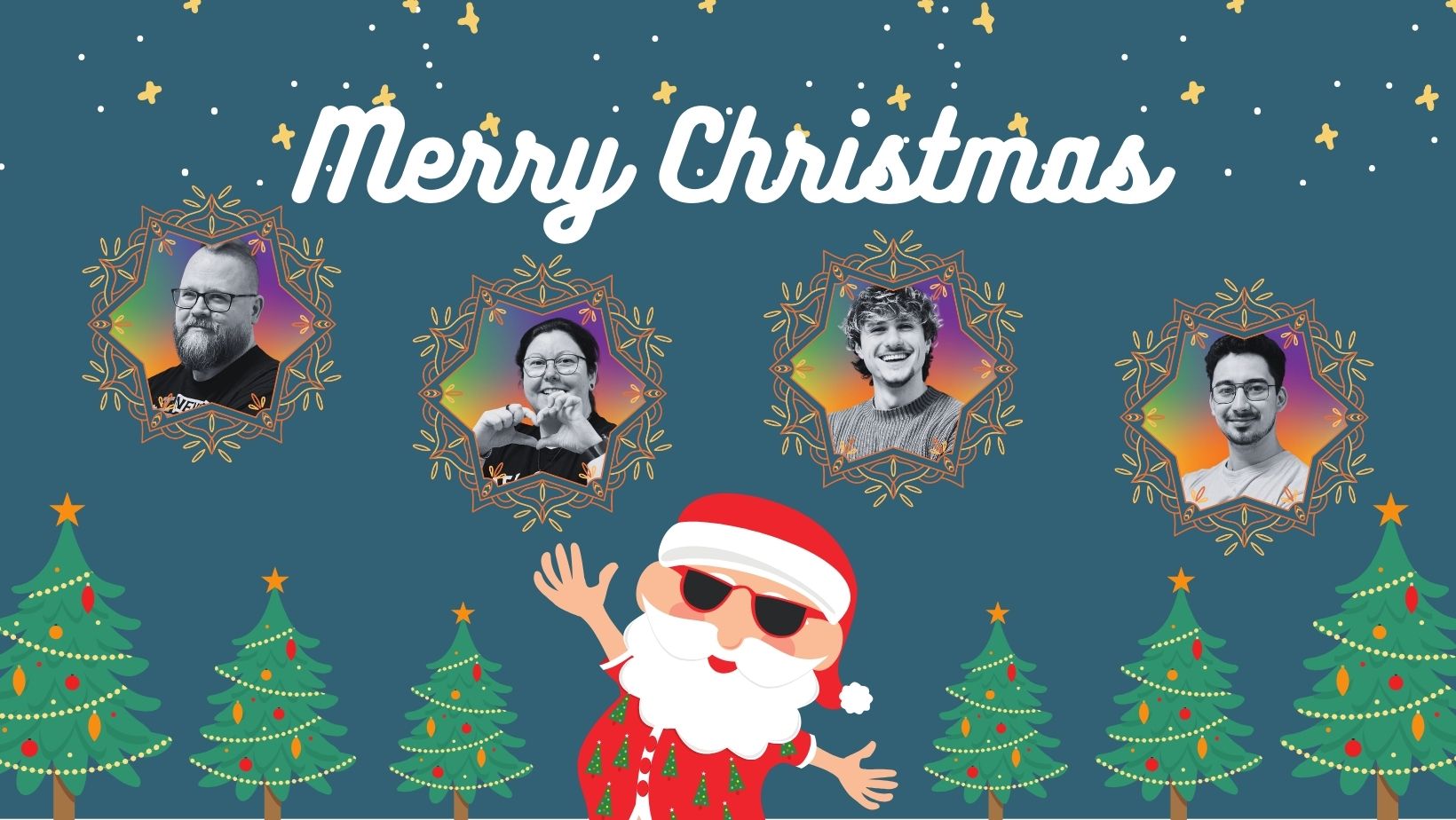 Weihnachtsgruß mit Weihnachtsmann und Bäumen