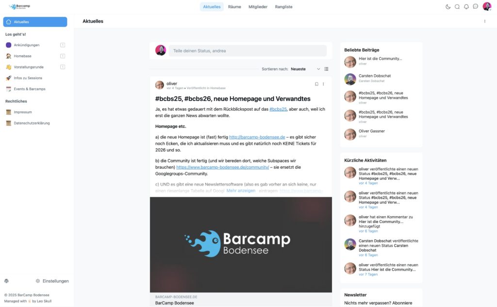 Barcamp Bodensee Plattformansicht, Community-Updates sichtbar.