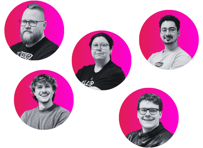 Fünf Personen Porträts, pinker Hintergrund