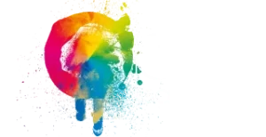 Bunter Apfel mit Farbspritzern und weißem Hintergrund.