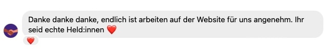 Dankesnachricht mit Herzemoji für verbesserte Website.