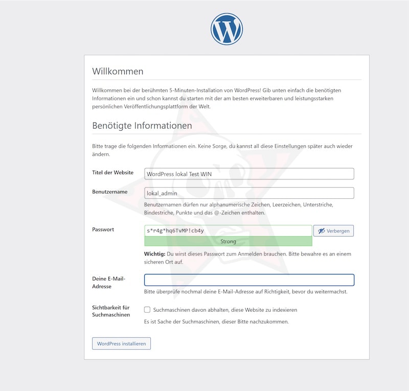 WordPress Installationsbildschirm auf Deutsch.