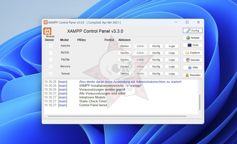 XAMPP-Control-Panel-Software auf dem Bildschirm.