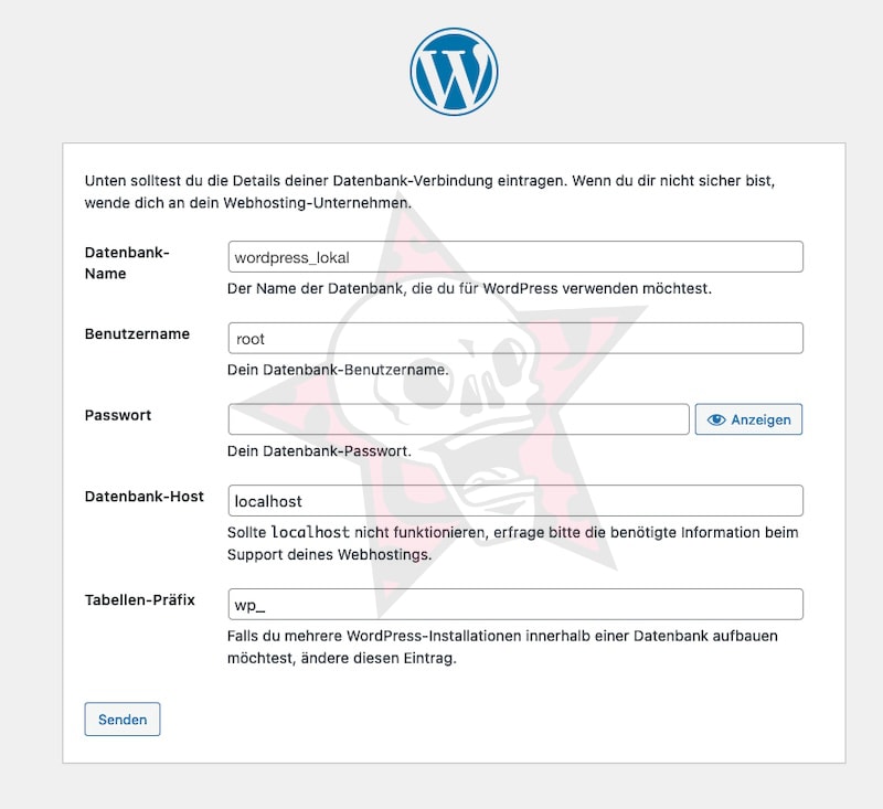 WordPress Setup-Datenbankeinstellungen.