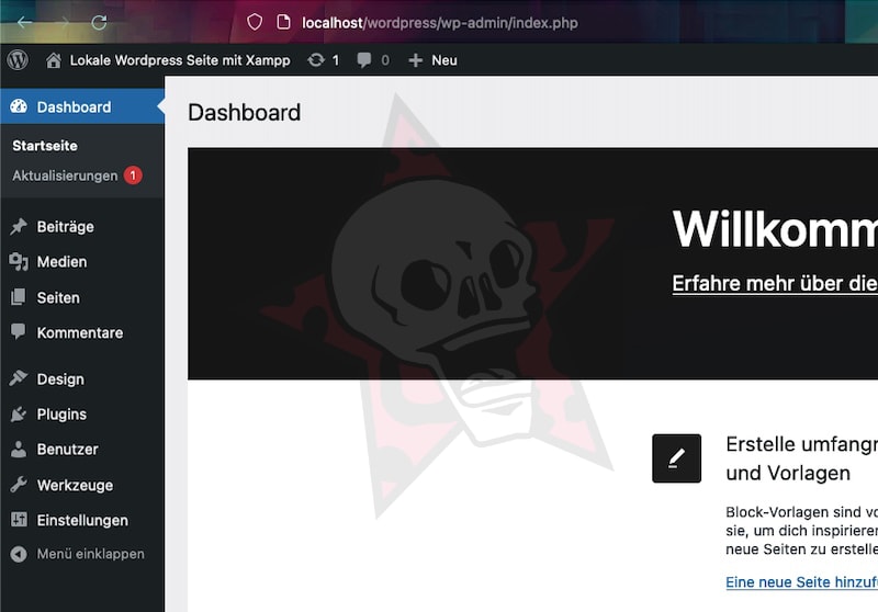 WordPress Dashboard mit Totenkopf-Willkommensbanner.