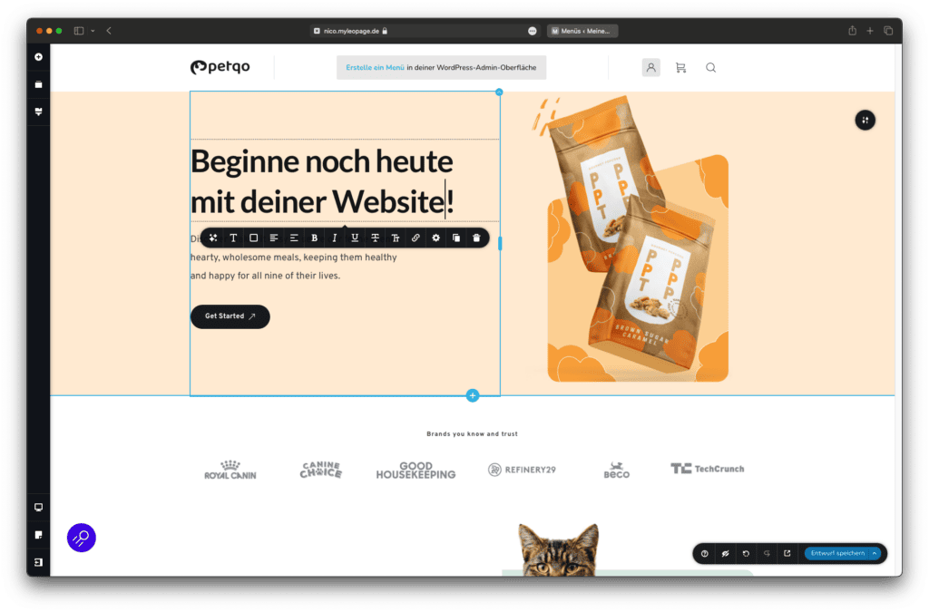 Webdesign-Editor und Tiernahrungswerbung