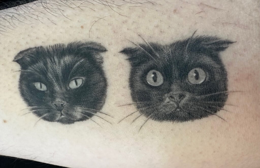 Zwei Katzen-Tattoos auf der Haut.